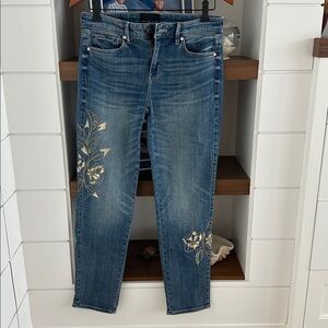 White House Black Market Blue Jeans with Gold Floral Embroidery